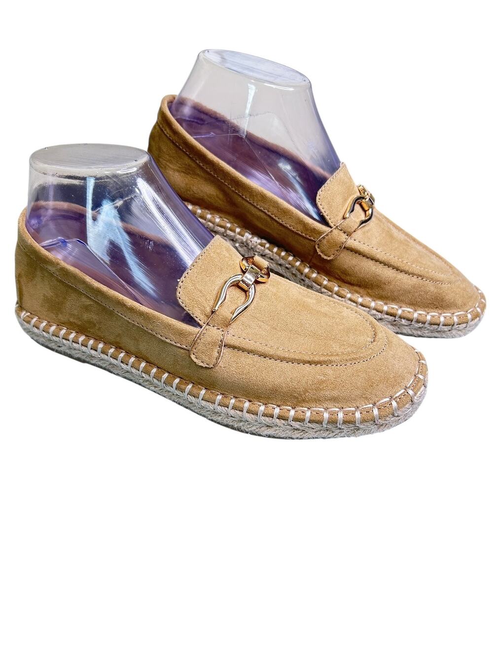 Zara Beige Flat Suede Espadrille Comfort Loafers Gold Buckle Details 38 / 7.5